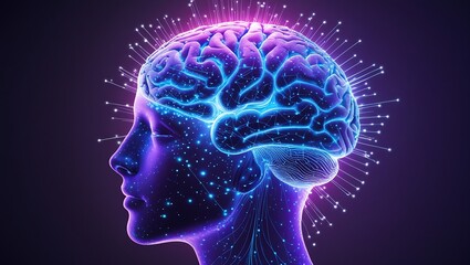 Human Brain Neural Network Connection with Glowing Light Rays and Dots