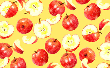 赤いりんごの背景　フルーツの手描き水彩イラスト素材