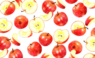 赤いりんごの背景　フルーツの手描き水彩イラスト素材