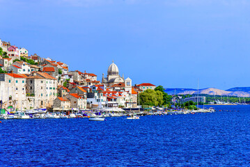 Sibenik, Croatia: Scenic view of the historic old town of Sibenik, waterfront view,  Adriatic sea,  UNESCO world heritage site, Dalmatia