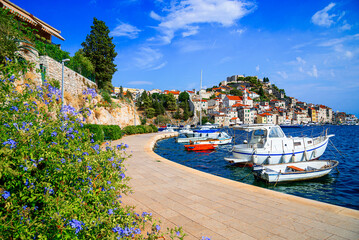 Sibenik, Croatia: Scenic view of the historic old town, waterfront view on Adriatic sea,  UNESCO world heritage site in Dalmatia