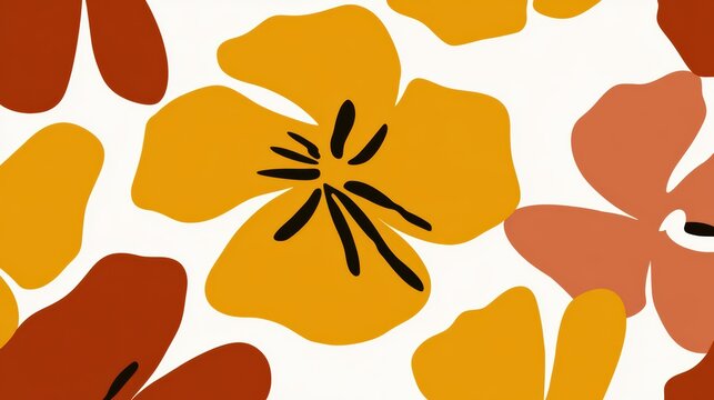 Modern floral pattern with mustard yellow and burgundy accents on beige background, abstract bohemian geometric repeat design for textiles and home decor