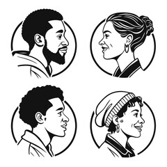 Diverse Group of People in Profile Black and White Vector Illustration