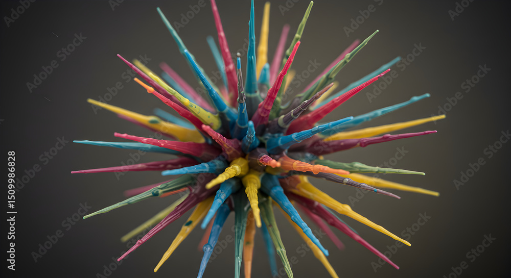 Poster abstract multicolored spiky sphere on dark background close up