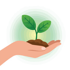 Hand Gently Holding a Seedling Sprout in Soil Representing Eco Nurturing, Sustainability, and Green Environmental Care Concept with Soft Green Glow