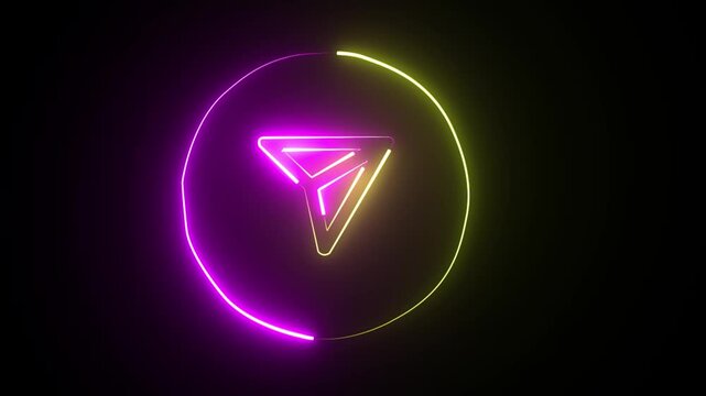 Paper Plane telegram neon blue sign appear in center and disappear some time. Animated blue neon icon on black background. Abstract glowing neon airplane icon animation on black background. 