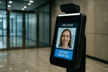 modern AI facial recognition terminal installed at the entrance of a sleek corporate office lobby