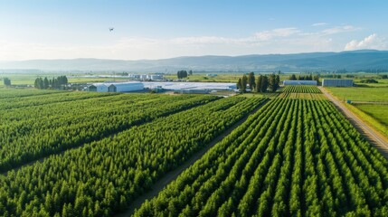 Aerial view of modern industrial hemp cultivation in organized green fields with advanced irrigation systems promoting sustainable agriculture and precision farming
