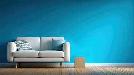 Modern White Sofa Against Blue Wall in Living Room.
