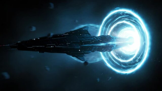 Futuristic spaceship entering wormhole portal. Spaceship design includes sleek dark hull glowing blue energy trail. Sci-fi spaceship concept for video game design movie production or space exploration