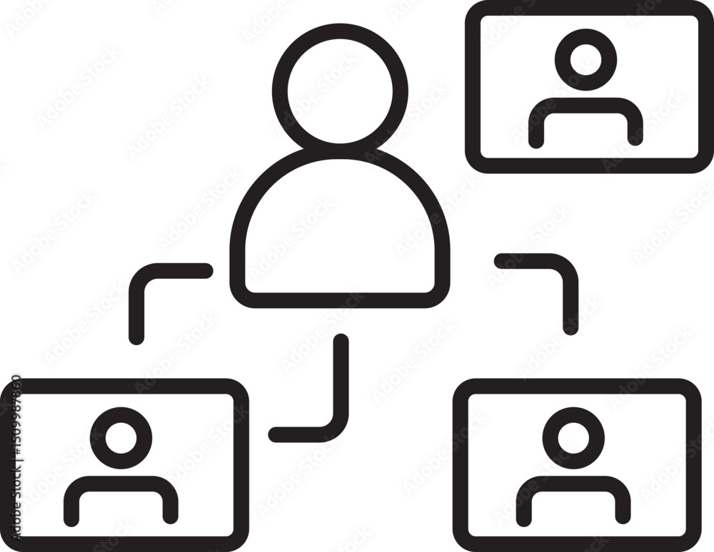 Poster simple black and white icon depicts central figure connected to three other figures, symbolizing com