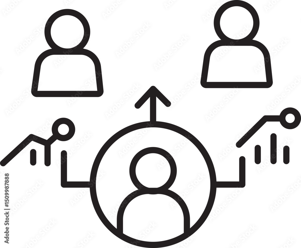 Poster this depicts simple line illustration of three people connected by arrows, symbolizing teamwork and 