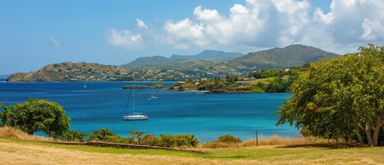 Beautiful coastal view with sailboat on calm water