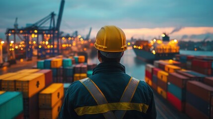 Cargo handling operations shipping port industrial scene evening aerial view logistics management
