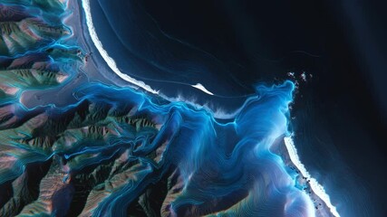 Aerial View of Coastline with Topographic Lines: Technology, Nature, and Data Visualization - Powered by Adobe