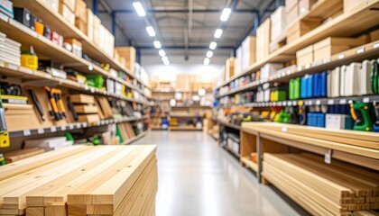 Obraz premium Exploring diy hardware store aisle power tools paint swatches and wooden planks in a modern warehouse environment