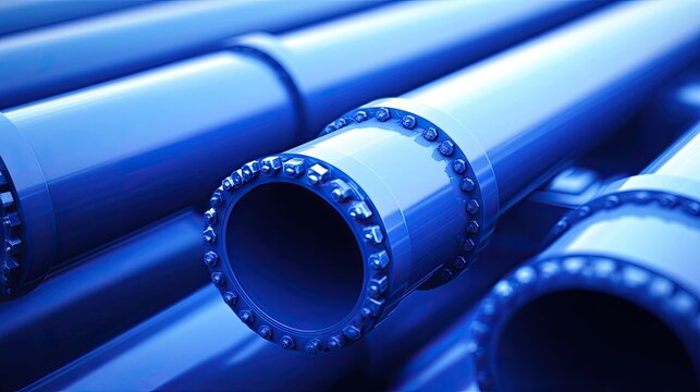 Close-up view of several interconnected, vibrant blue pipes.