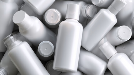 A variety of white plastic bottles are arranged in a minimalistic fashion, highlighting issues related to ecology and environmental disaster.