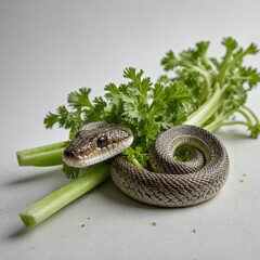 A small snake coiled around a celery stalk, white background.