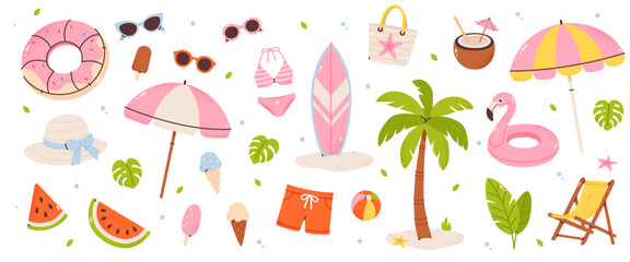 Vector summer beach elements set. Colorful flat illustration of tropical vacation items. Isolated on white background. Perfect for summer design, posters, invitations, cards, web banners, and social m