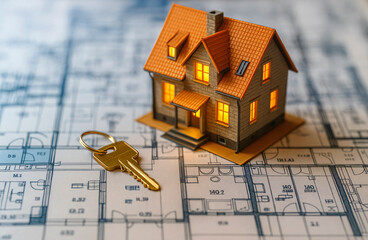 Miniature house model with glowing windows and key over architectural blueprint