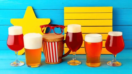 Colorful display of craft beers with playful decor in a vibrant setting