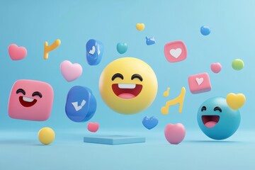 Fototapeta premium Creative social network concept showcasing playful design elements with smiling emojis and social icons, Social network concept Media post and unique design emojis Minimal cartoony 3D render