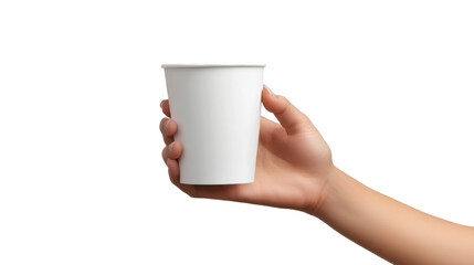 hand holding white paper cup on white background