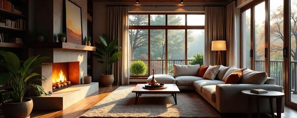 Cozy living room interior with fireplace, large windows, and comfortable furniture, perfect for relaxation and family gatherings Warm lighting adds to the inviting atmosphere , style, architecture
