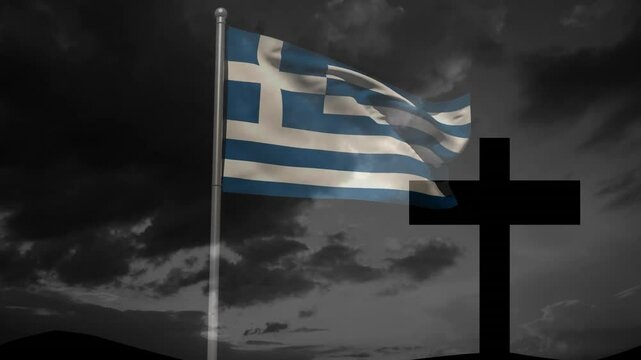 Breeze rising Greek flag unfurling and rippling to fly edge against cross shape for national pride