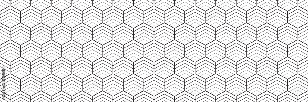 Poster horizontal seamless black and white blended hexagon design for pattern and background.