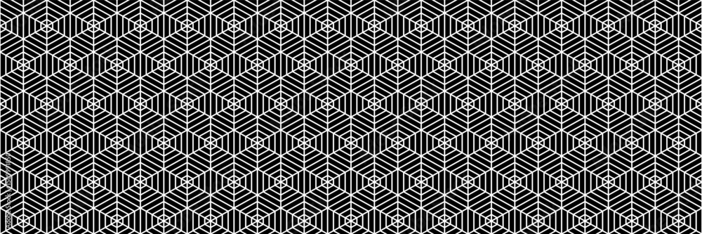 Poster horizontal seamless black and white blended hexagon design for pattern and background.