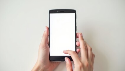 Top view Woman sitting and holding blank screen mock up mobile phone
