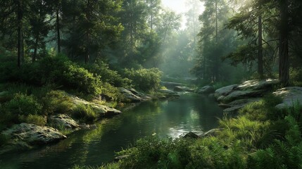 A serene forest river flows through lush green foliage, bathed in soft sunlight filtering through the trees, creating a peaceful scene