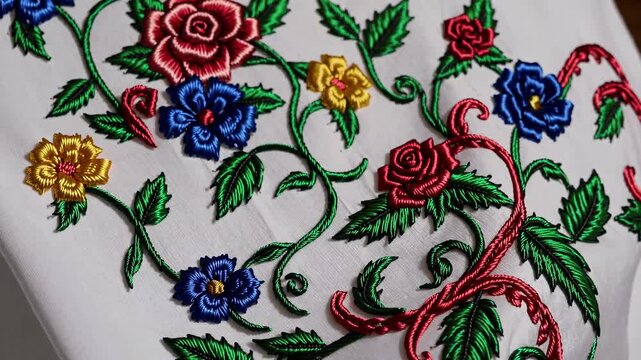 Vibrant floral embroidery on fabric showcasing intricate stitch work and colorful designs in a detailed textile display