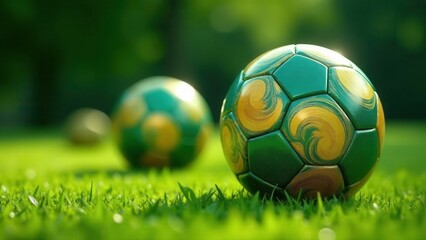 Naklejka premium A vibrant green soccer ball with golden swirls rests on lush green grass, two additional out-of-focus balls in the background suggest a game about to begin