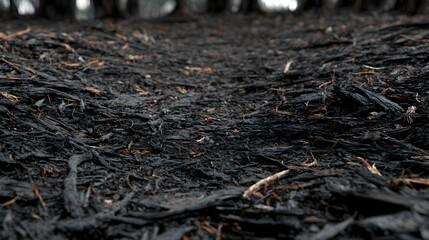 Fototapeta premium Aftermath of a wildfire shows charred remains of forest floor following a devastating fire event