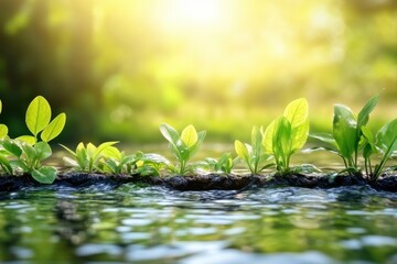 Spring close-up of lush green plants along a clear stream reflecting sunlight, bringing life to a serene natural setting in a vibrant landscape