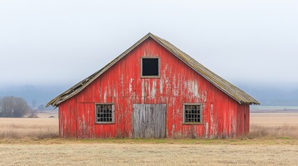 Rustic Red Barn Surrounded by Dry Grassy Field Under Foggy Sky on an Overcast Day in Autumn