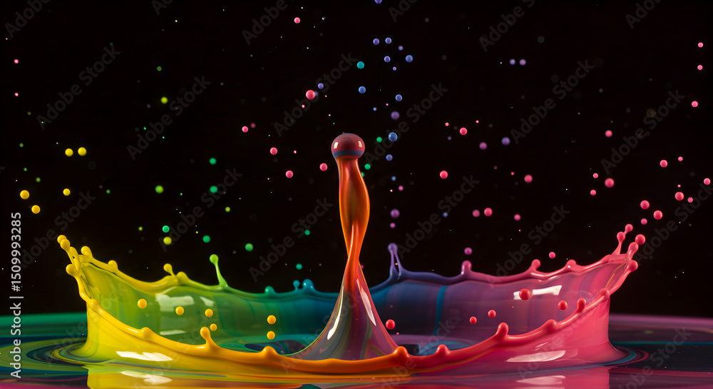 Poster colorful liquid collision creating unique crown and splashes on black backdrop