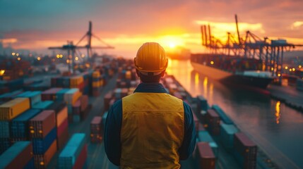 Sunset over cargo port worker observes shipping operations industrial landscape tranquil viewpoint maritime concept