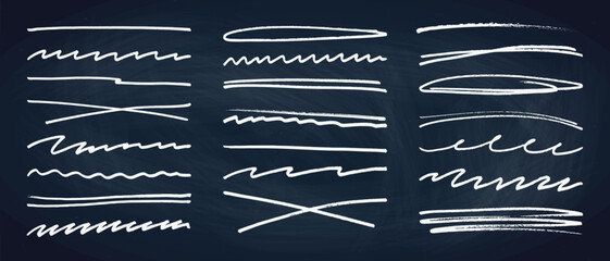 Underline stroke chalk scribbles doodle line collection on chalkboard. Hand drawn outline sketch wave brush mark elements crosshatch rough dividers set for text highlight underline emphasis