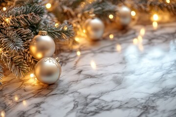 Festive marble table adorned with gold and silver ornaments against a backdrop of twinkling holiday lights and frosted greenery