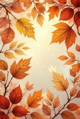 Fototapeta premium Autumnal Leaves Frame A Serene Image of Golden and Red Foliage Encircling a Soft, Light Background