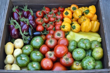 Freshly harvested produce at farmer's market displays colorful eggplants, vine tomatoes, various tomatoes, and yellow bell peppers arranged in rustic wooden crate during daytime