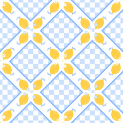 Kawaii lemon and flower pattern with Portuguese and Spanish ceramic style. Vibrant geometric layout in soft tropical colors for kids design