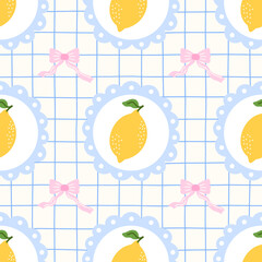 Kawaii citrus fruit and floral seamless pattern vector illustration. Fresh and organic background for fun summer decor