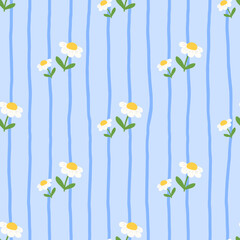 Delicate floral repeat with chamomile in kawaii style. Vector background for fabric, wallpapers, and kids products