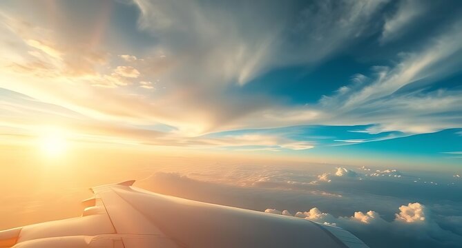 Airplane wing view of clouds and sky during a vibrant sunset - Powered by Adobe