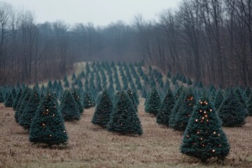 Dusk settling over a Christmas tree farm with twinkling lights illuminating the evergreen trees in a quiet countryside setting